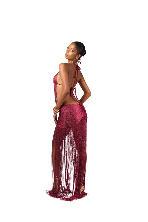 ZENA FRINGE DRESS - DEEP CHERRY